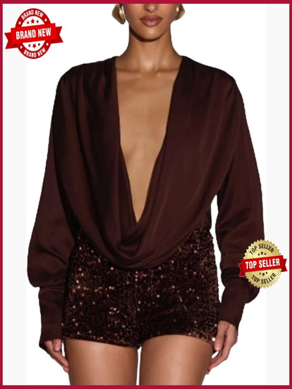Sequin Set Deep V Long Sleeve Top & Shorts Club Outfit